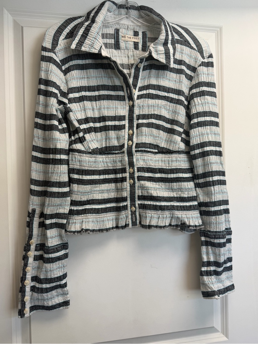 We The Free  Daydream Striped Button-Front Crop Blouse — White & Black